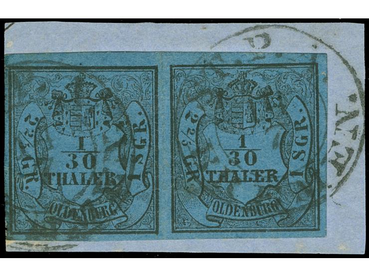 1852, 1/30 Th. auf blau, Type I und II im waagerechten Typenpaar, allseits voll- bis breitrandig, je mit schwarzem DKr. “ST.P