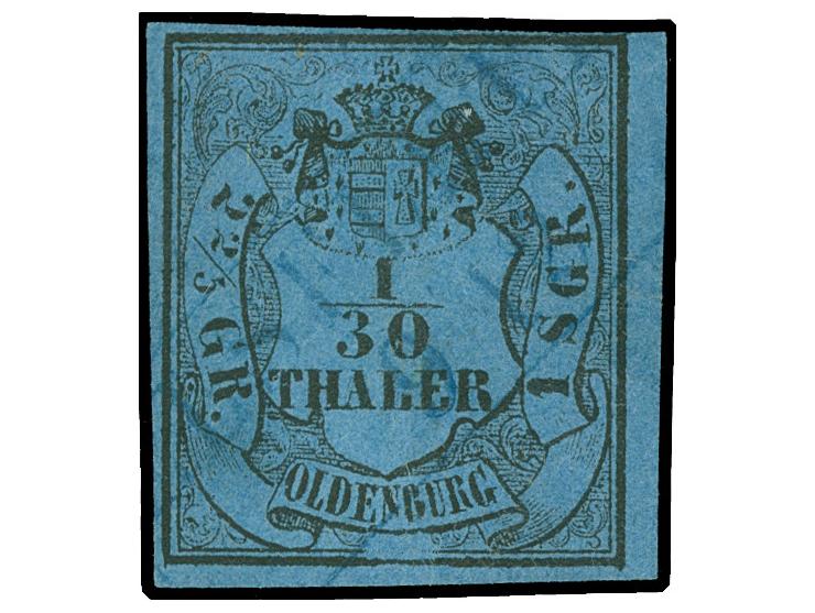 1852, 1/30 Th. auf blau, Type 1 mit Retusche des Plattenschadens, allseits voll- bis breitrandig mit zartem, blauen Ra2 “ELSF