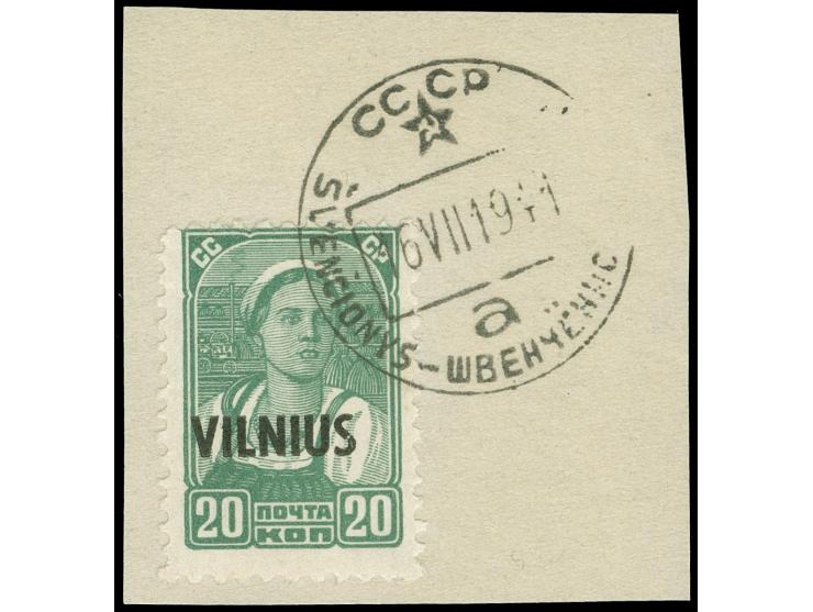 1941, 20 Kop., sauber mit altem sowjetischen Stempel “SVENCIONYS CCCP 16 VIII 1941” auf Briefstück, tadellos, eine seltene En