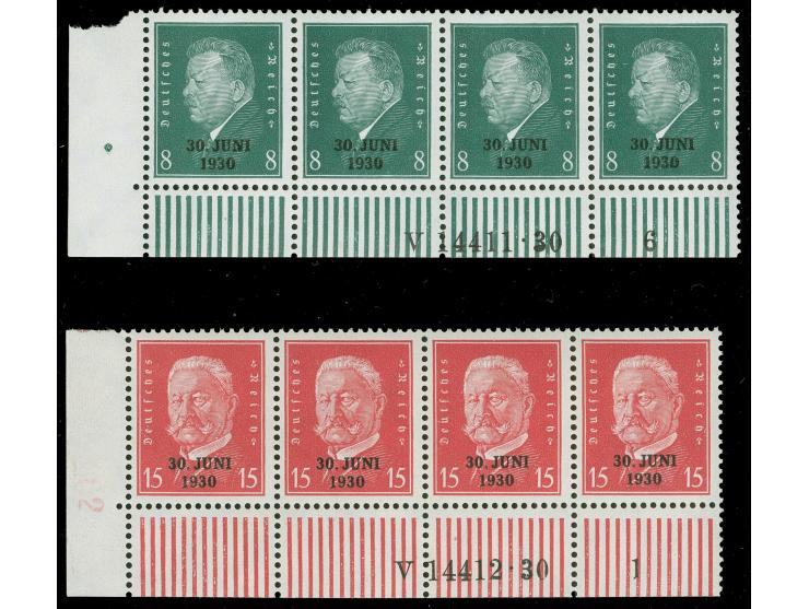 1930, Ende der Rheinlandbesetzung 8 Pfg. und 15 Pfg. in Unterrand-4er-Streifen mit HAN, postfrisch