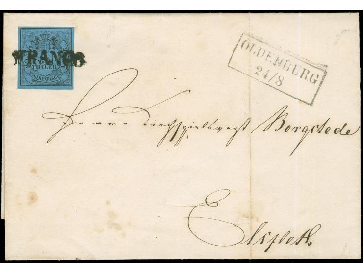 1852, 1/30 Th. auf blau, Type II, allseits voll- bis breitrandig mit schwarzem L1 “FRANCO” auf Faltbriefhülle mit schwarzem R
