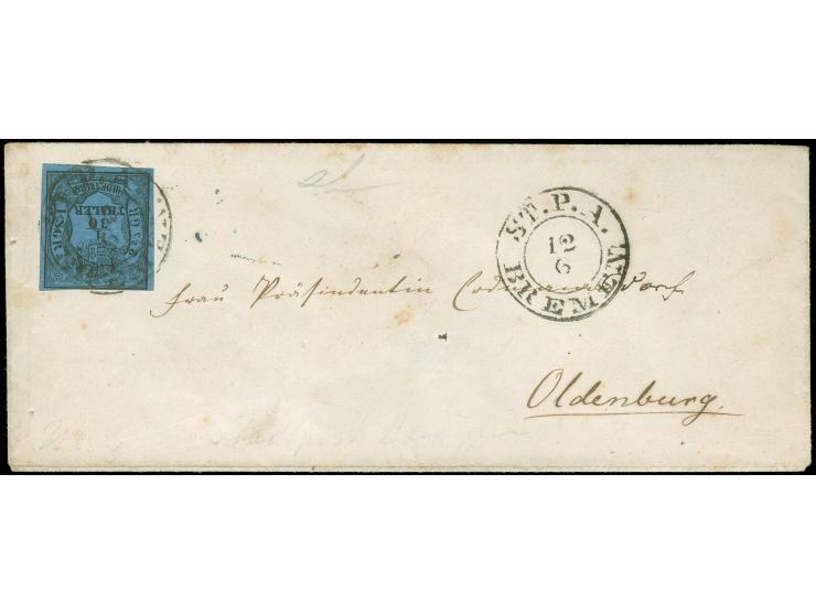 1852, 1/30 Th. auf blau, Type III, allseits noch voll- bis breitrandig mit schwarzm DKr. “ST.P.A. BREMEN 12.6.” auf Briefkuve