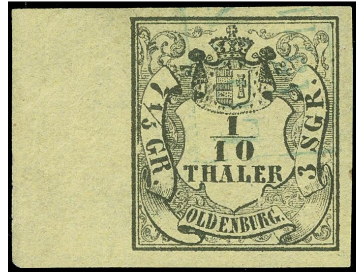 1852, 1/10 Th. auf hellgraugelb mit 10 mm Bogenrand links, allseits breitrandig mit zartem, blauen Ra2 “LOHNE 15.11.”. Die fa