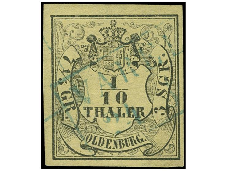1852, 1/10 Th. auf hellolivgelb, allseits voll- bis breitrandig mit blauem Ra1 “VAREL 24.10.”. Die farbfrische Marke ist in e