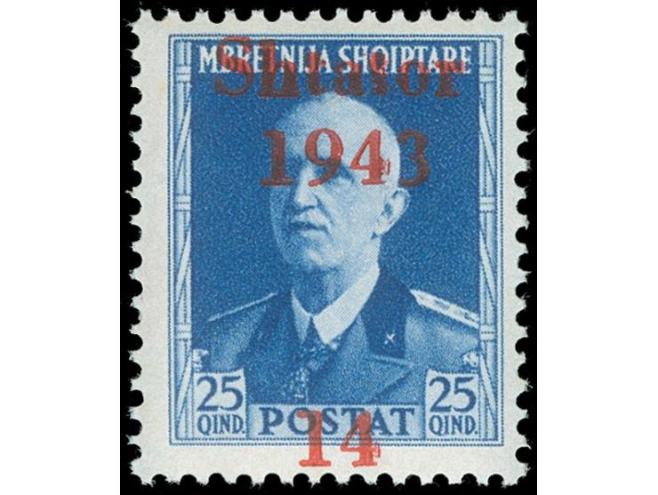 1943, 25 Q. dunkelultramarin, mit Aufdruckverschiebung nach oben und somit Zeilenfolge 2 - 3 - 1 des Normalaufdrucks, postfri