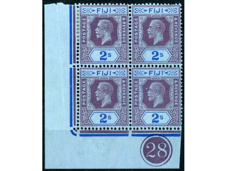 1922/27, George V 2 sh. purple and blue on blue, corner margin block of four with plate number “28” on bottom margin, unused,