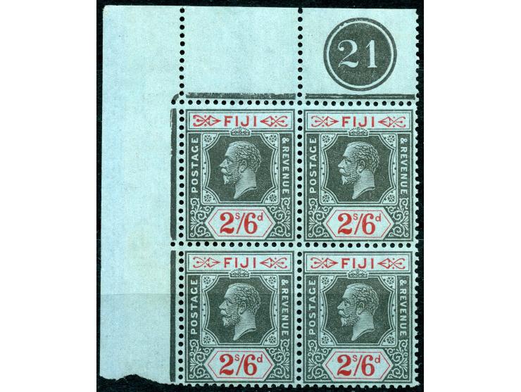 1922/27, George V 2 sh. 6 d. black and red on blue, corner margin block of four with plate number “21” on top margin, stamps 