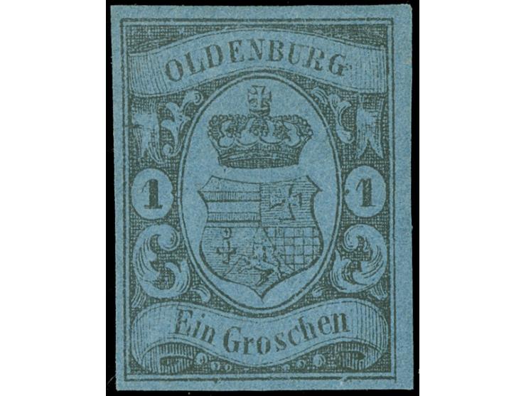 1859/61, 1 Gr. auf blau, allseits vollrandig, ungebraucht ohne Gummierung. Die farbfrische Marke ist hinterlegt (repariert), 