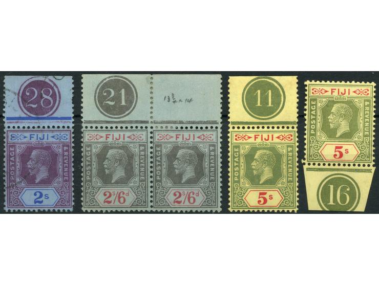 1922/27, George V 5 sh. green and red on pale yellow, two margin stamps with plate number “11” and “16”, plus 2 sh. used and 