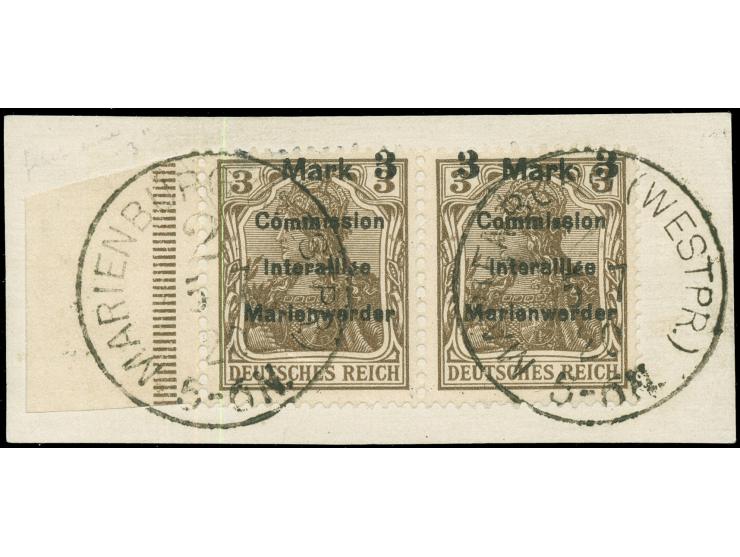 1920, Germania 3 Mark auf 3 Pfg., waagerechtes Paar mit den Aufdrucktypen AIam und BIas, gestempelt “MARIENWERDER (WESTPR.) 1