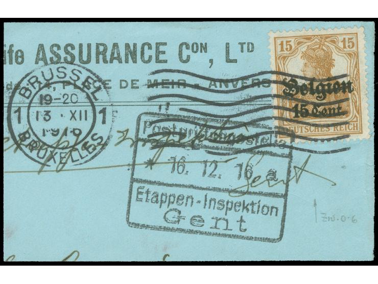 1916/18, Germania 15 Cent auf 15 Pfg. dunkelbraunocker, mit Zeilenabstand 0,6 (Feld 25, Teilauflage), gestempelt auf Briefstü