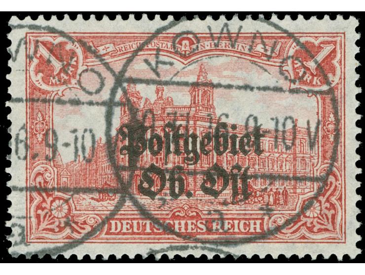 1916/18, Germania 1 M. dunkelbräunlichrot, 26:17 Zähnungslöcher, sauber gestempelt “KOWNO 30.11.16 9-10V", tadellos, sign. He