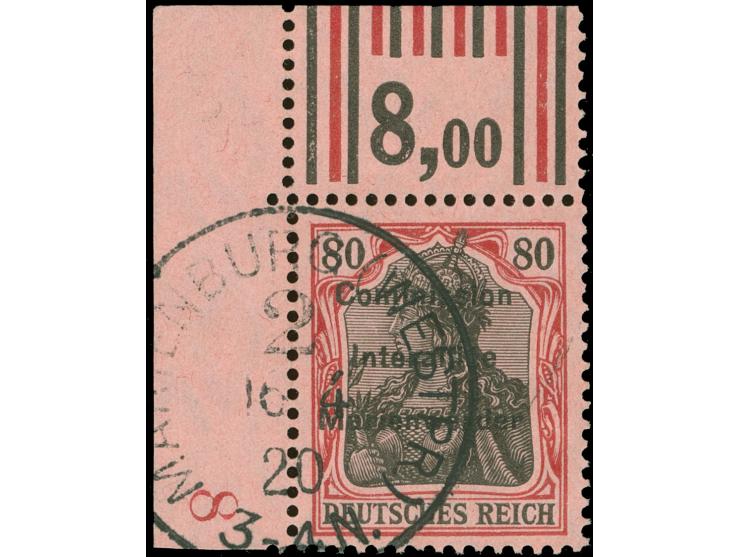 1920, Germania 80 Pfg. karminrot/rotschwarz auf hellrosa, linke obere Bogenecke im Walzendruck mit Konfiguration 1'4'1 / 2'3'