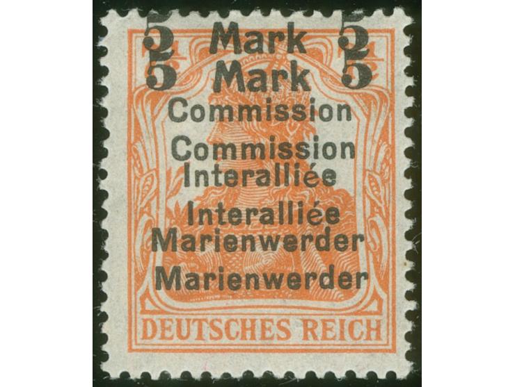 1920, Germania 5 Mark auf 7 ½ Pfg. rötlichorange, doppelter Aufdruck von Aufdruckfeld 32 der 2. Auflage, ungebraucht, tadello