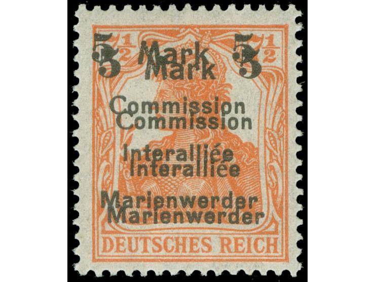 1920, Germania 5 Mark auf 7 ½ Pfg. rötlichorange, doppelter Aufdruck in Type AIIIb von Aufdruckfeld 27 der 1. Auflage, postfr