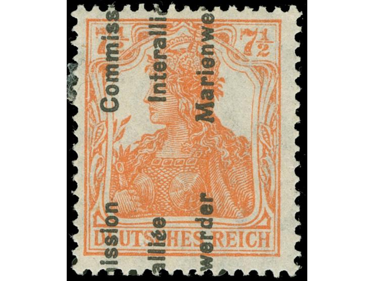 1920, Germania 5 Mark auf 7 ½ Pfg rötlichorange, senkrechter Aufdruck nur in Fragmenten von den Bogenfeldern 47 und 48 von Pl