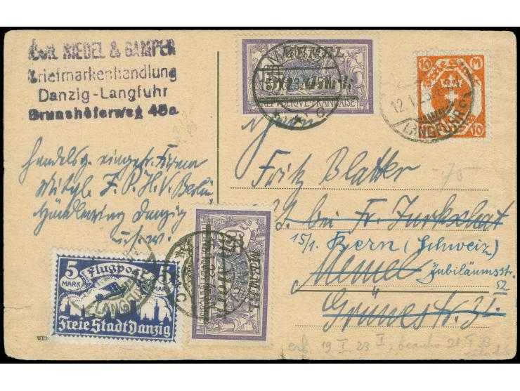 1921, Flugpost 5 M. schwärzlichviolettblau und Staatswappen 10 M. orange, portorichtig auf Karte mit Stempel “LANGFUHR 12.1.2