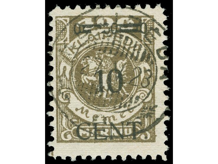 1923, 10 C. auf 400 M. dunkelolivbraun, mit Aufdruckfehler “linker Zierbalken stark ausgebrochen” (Aufdruckfeld 93), sauber g