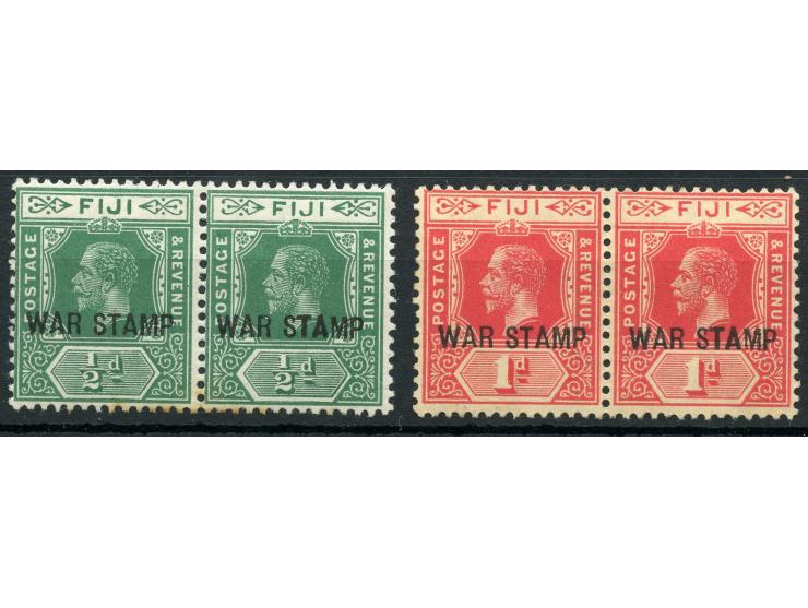 1915, George V, horizontal pairs ½ d. green and 1 d. carmine, each showing variety bold “TA” in overprint at right stamp, bot