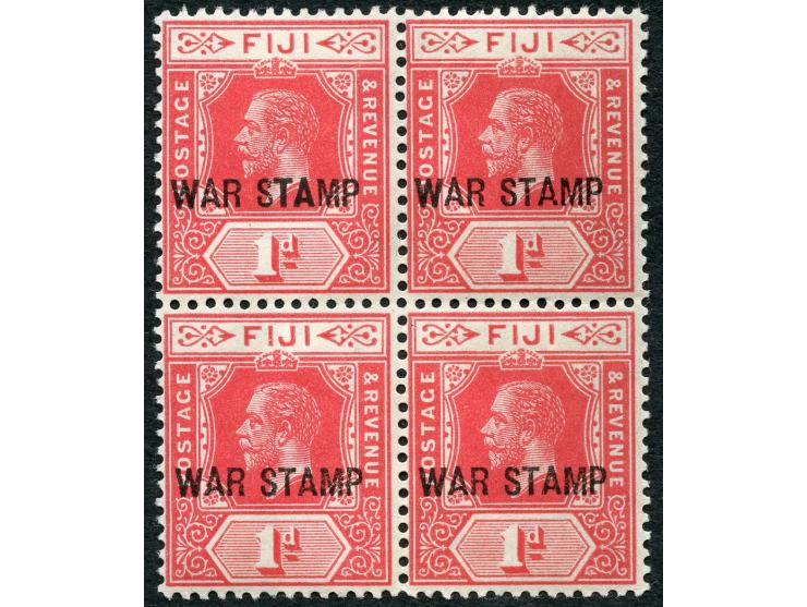 1915, George V, 1 d. carmine, block of four, top left stamp showing variety bold “TA” in overprint, unused, bottom pair mint 