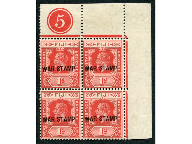 1915, George V, 1 d. carmine, mint never hinged, corner margin block of four with plate number “5” on top, good perforation, 