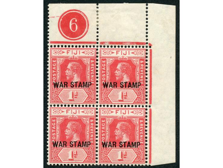 1915, George V, 1 d. carmine, stamps mint never hinged, corner margin block of four with plate number “6” on top, good perfor