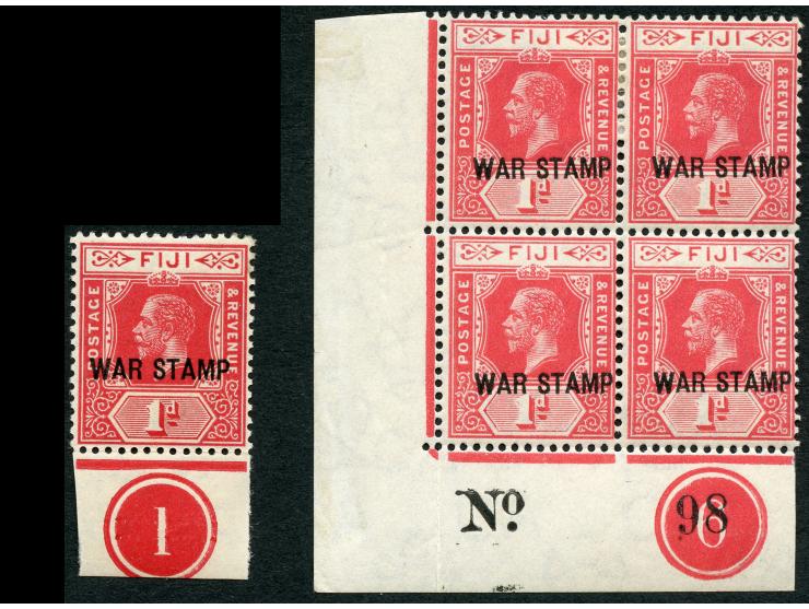 1915, George V, 1 d. carmine, unused, bottom pair mint never hinged, corner margin block of four with plate number “6” and im