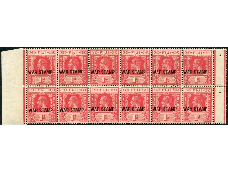 1915, George V, 1 d. carmine, unused, unused, few stamps mint never hinged, left margin block of 12 with gutter at right, shi
