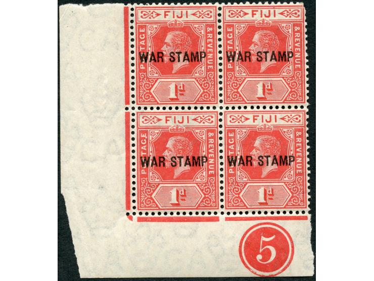 1915, George V, 1 d. carmine, unused, mint never hinged corner margin block of four with plate number “5” at bottom margin, s