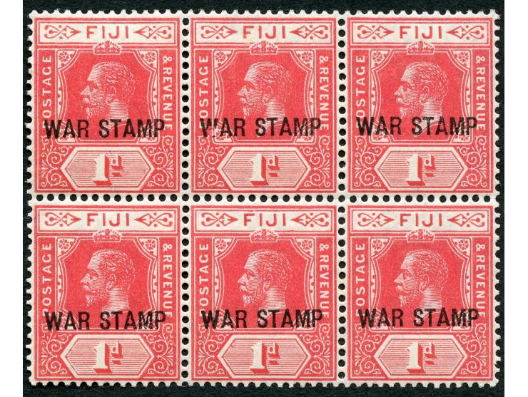 1915, George V, 1 d. carmine, unused, bottom stamps mint never hinged, variety top center stamp showing broken “W”, fine. (SG