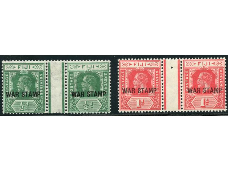1915, George V, ½ d. green and 1 d. carmine, two horizontal gutter pairs, both mint never hinged, very fine.
