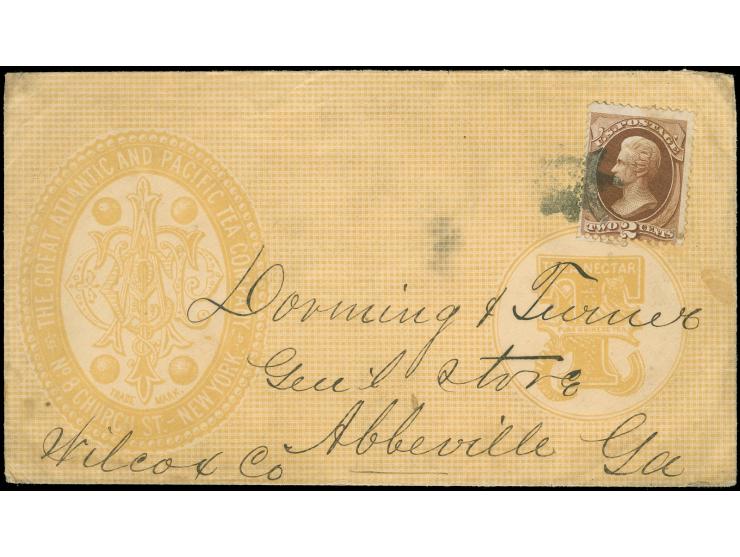 1870/71, 2 c. brown, tied by cork killer to envelope with overall ad for 'The Great Atlantic and Pacific Tea Company', addres