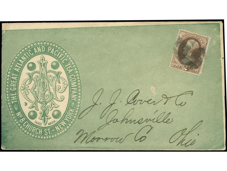 1870/71, 2 c. brown, tied by cork killer to envelope with overall ad for 'The Great Atlantic and Pacific Tea Company', addres