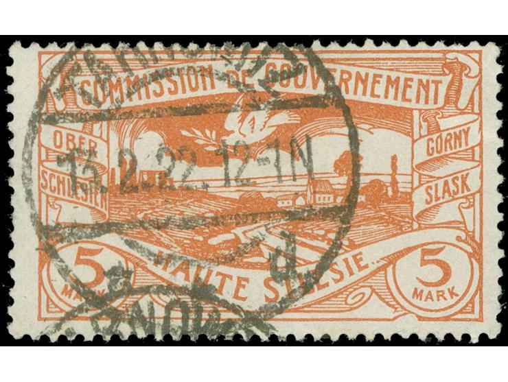 1920, Freimarke 5 M. dunkelrotorange, Plattenfehler “Einbuchtung im unteren Rahmen unter M vom rechten MARK” (Feld 61, Teilau