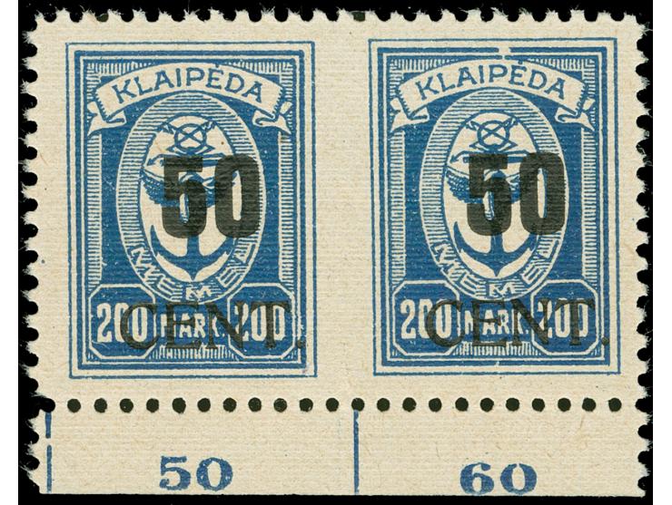 1923, Angliederung des Memellandes an Litauen 50 C. auf 200 M. dunkelblau, waagerechtes Unterrandpaar, Mitte ungezähnt, saube