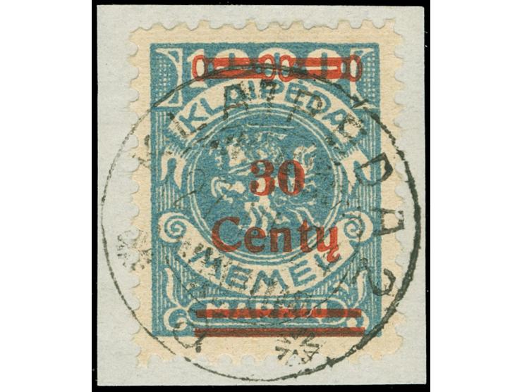 1923, Freimarke 30 C. auf 1000 M. grünlichblau, sauber gestempelt “KLAIPEDA 2 27.III.24” auf Briefstück, oben drei Zähne verk