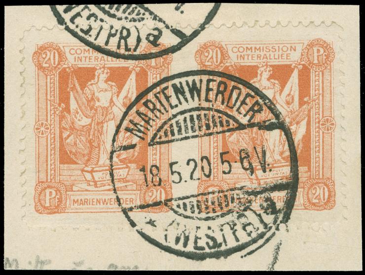 1920, I. Sarg-Ausgabe 20 Pfg. braunorange, waagerechtes Paar, Mitte ungezähnt, sauber gestempelt “MARIENWERDER * (WESTPR.) a 