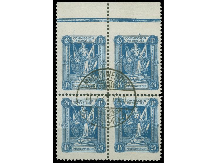 1920, I. Sarg-Ausgabe 25 Pfg. blau, oben ungezähnt als Oberrandviererblock, sauber gestempelt “MARIENWERDER (WESTPR.) b 11.7.