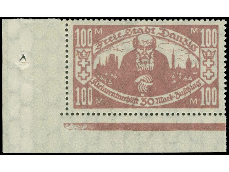 1923, Kleinrentnerhilfe 100 + 30 M. lebhaftlilabraun, linke untere Bogenecke mit Plattenfehler “linke Krone rechts unten gebr