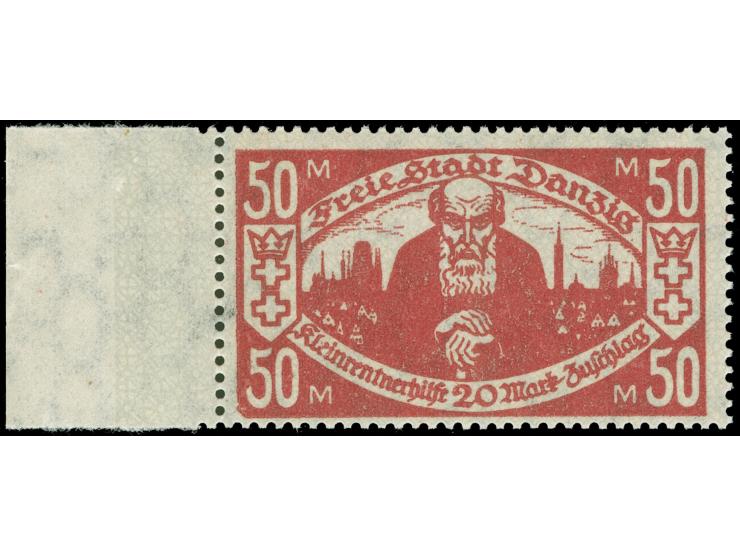 1923, Kleinrentnerhilfe 50 + 20 M. dunkelrötlichkarmin, linkes Seitenrandstück mit Plattenfehler “linke untere Bildecke abges