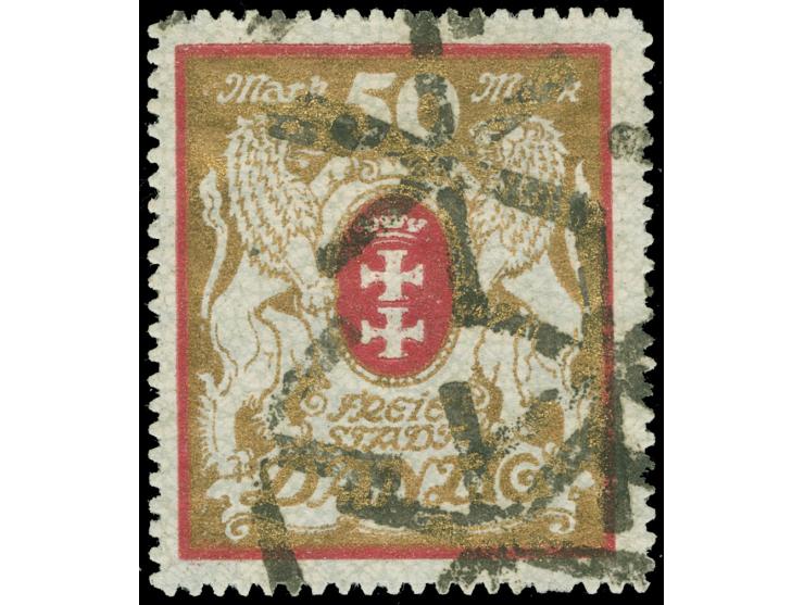 1922, Großes Staatswappen 50 M. rot/gold, Wasserzeichen 2Y, sauber zeitgerecht gestempelt mit Sicherungsstempel von Danzig 1,