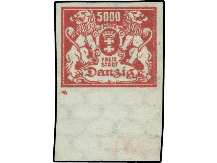 1923, Großes Staatswappen 5000 M. rotkarmin, ungezähntes Unterrandstück mit Klischeenagel links unter dem Markenbild, rücksti