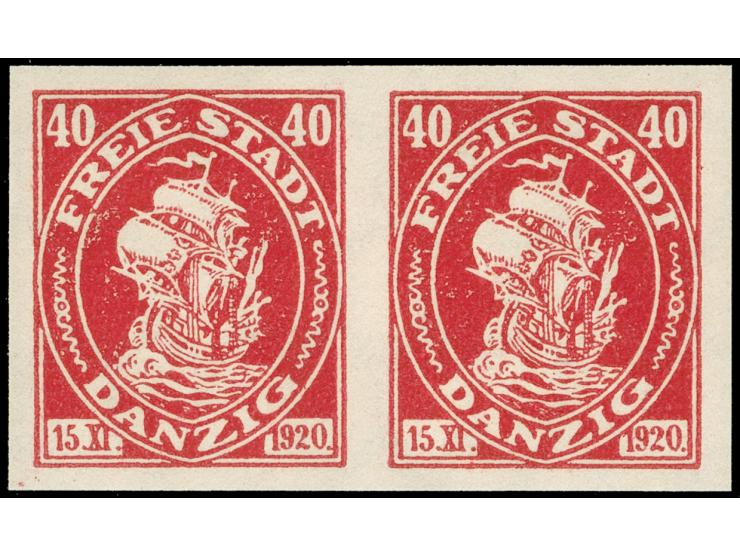 1921, Kogge 40 Pfg. karmin, undurchstochener Probedruck auf Kartonpapier, waagerechtes Paar, postfrisch, tadellos, Fotobefund