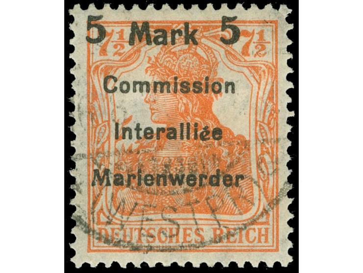 1920, Germania 5 M. auf 7 ½ Pfg. rötlichorange, Aufdruck Type BIbBI, gestempelt, oben Zahnlochspalt, sonst tadellos, sign. Dr