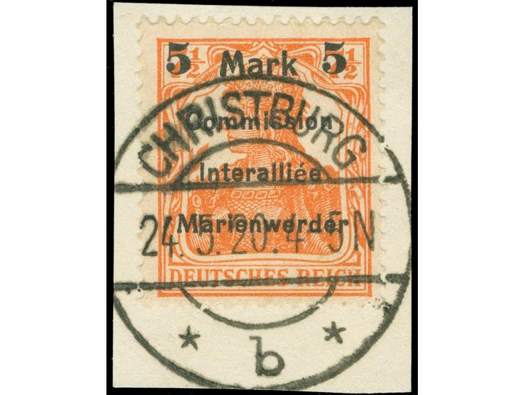 1920, Germania 5 M. auf 7 ½ Pfg. rötlichorange, Aufdruck Type BIb, sauber gestempelt “CHRISTBURG 24.5.20 4-5N” auf Briefstück