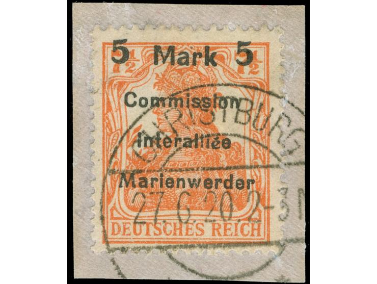 1920, Germania 5 M. auf 7 ½ Pfg. rötlichorange, Aufdruck Type BIaBI, sauber gestempelt “CHRISTBURG 27.6.20" auf Briefstück, t