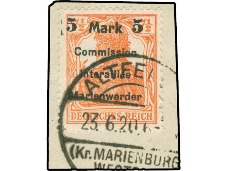 1920, Germania 5 M. auf 7 ½ Pfg. rötlichorange, Aufdruck Type AIb5, sauber gestempelt “ALTFELDE 23.6.20” auf Briefstück, tade