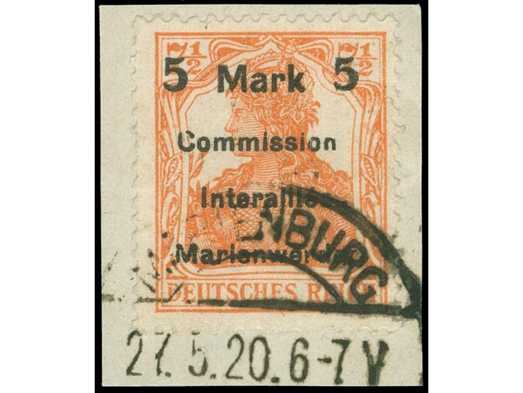 1920, Germania 5 M. auf 7 ½ Pfg. rötlichorange, Aufdruck Type AIaBI, sauber gestempelt “MARIENBURG 27.5.20" auf Briefstück, v