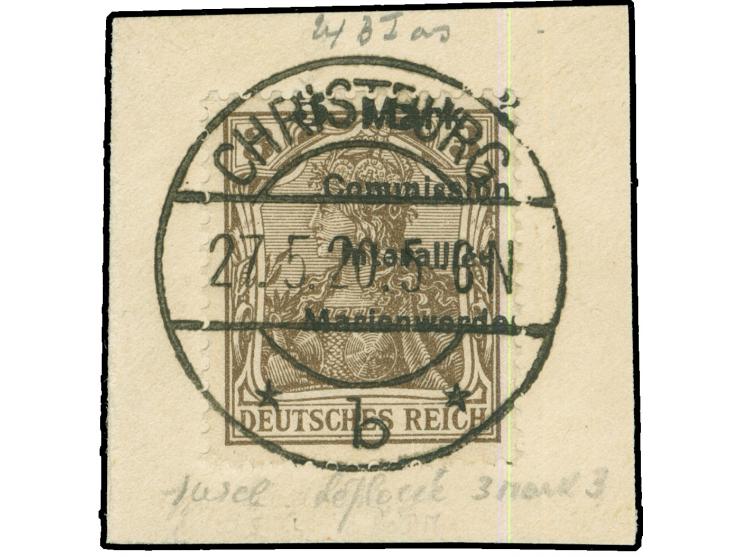 1920, Germania 3 M. auf 3 Pfg. dunkelorangebraun, Aufdruck Type BIas, sauber gestempelt “CHRISTBURG 27.5.20” auf Briefstück, 