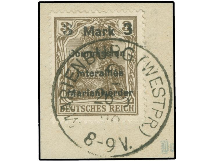 1920, Germania 3 M. auf 3 Pfg. dunkelorangebraun, Aufdruck Type AIaBI, sauber gestempelt “MARIENBURG (WESTPR.) 2 26.5.20” auf